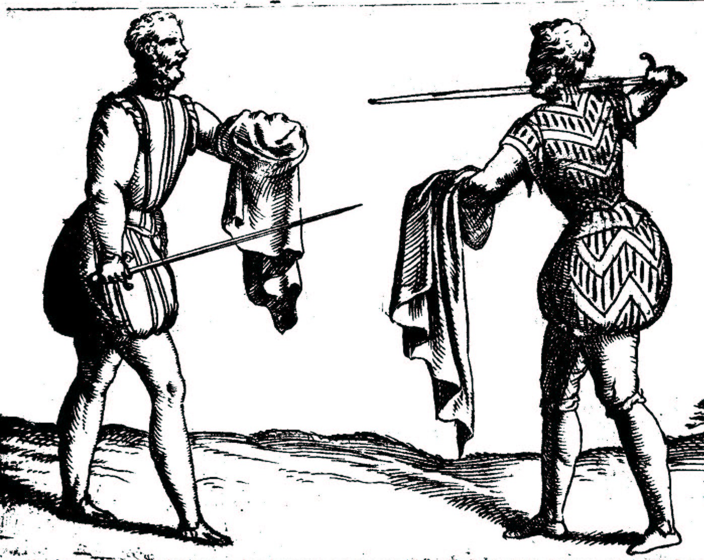 Two duellists armed with rapier and cloak.