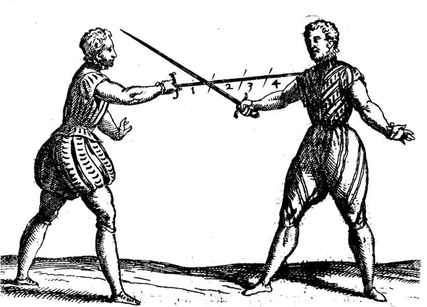 Two duelists with swords crossed;  four divisions marked off on the blade of one.